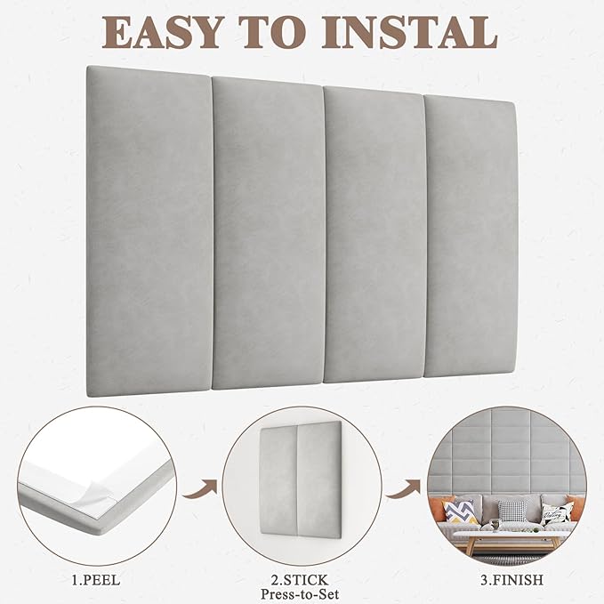 Upholstered Headboard for King Size Bed, Wall Mounted & Peel and Stick Headboard, Soundproof DIY Wall Panels, Leather Head Board in Modern Design for Bedroom (12 Panels, Each 23.62"x9.84"