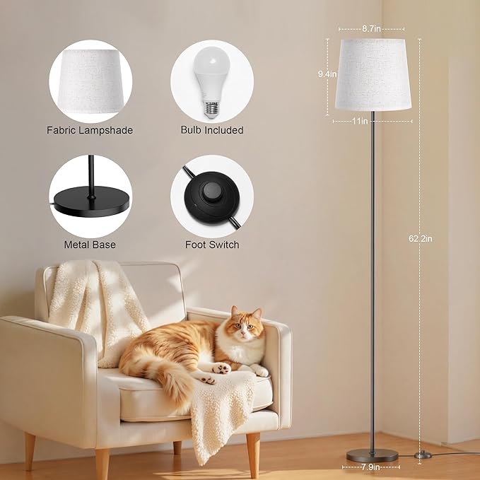 Floor Lamp with Linen Shade - 62" Dimmable LED Standing Lamp with Foot Switch, 3 Color Temps, 9W E26 Bulb Included, Black Floor Reading Light Corner Lamp for Living Room Bedroom Office