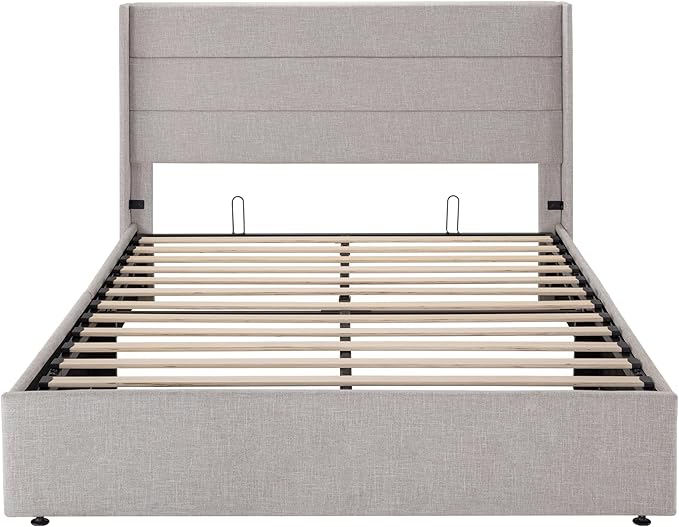 SHA CERLIN Full Size Lift Up Storage Bed/Modern Wingback Headboard/Upholstered Platform Bed Frame/Hydraulic Storage/No Box Spring Needed/Wood Slats Support/Light Beige