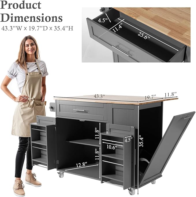 Kitchen Island with Storage & Drop Leaf - 43.3" Mobile Kitchen Cart with Wheels, Rolling Kitchen Island with Trash Bin Cabinet & Towel Rack, Rubberwood Top, Grey Island for Kitchen