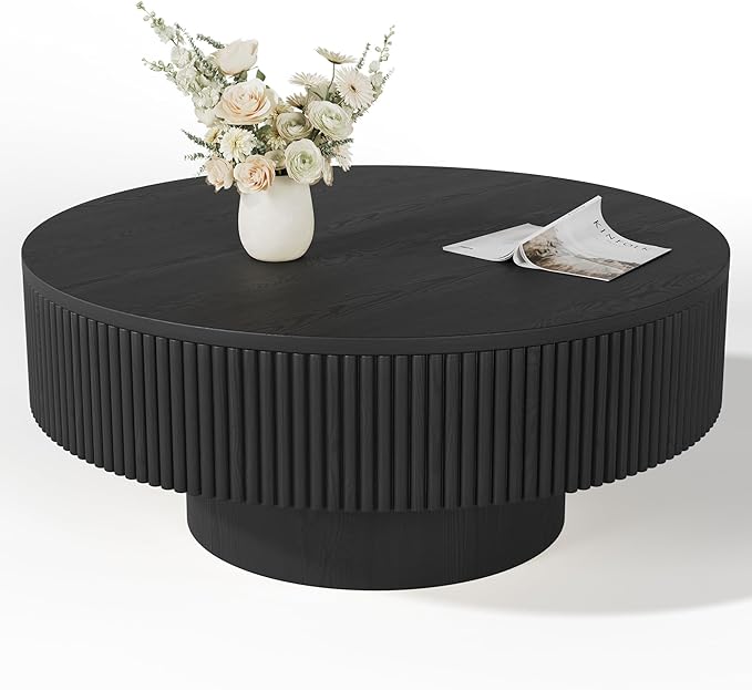 35” Round Fluted Coffee Table, Modern Wood Circle Coffee Table, Veneer Handcrafted Relief Tea Table with Sturdy Pedestal for Living Room - Black