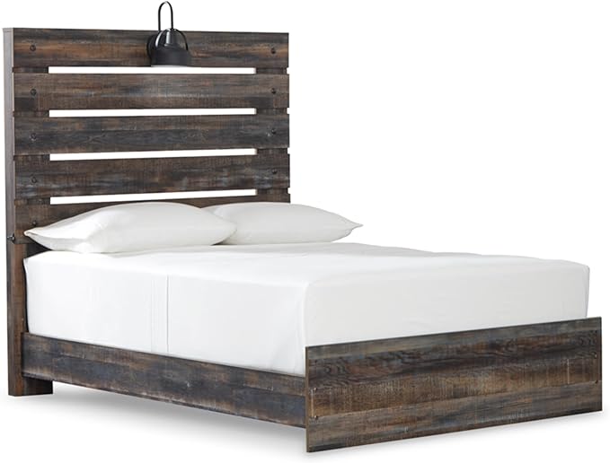 Signature Design by Ashley Drystan Rustic Full Panel Bed, Sconce LED Lights, USB Ports and Nailheads, Foundation or Box Spring Needed, Dark Brown & Gray