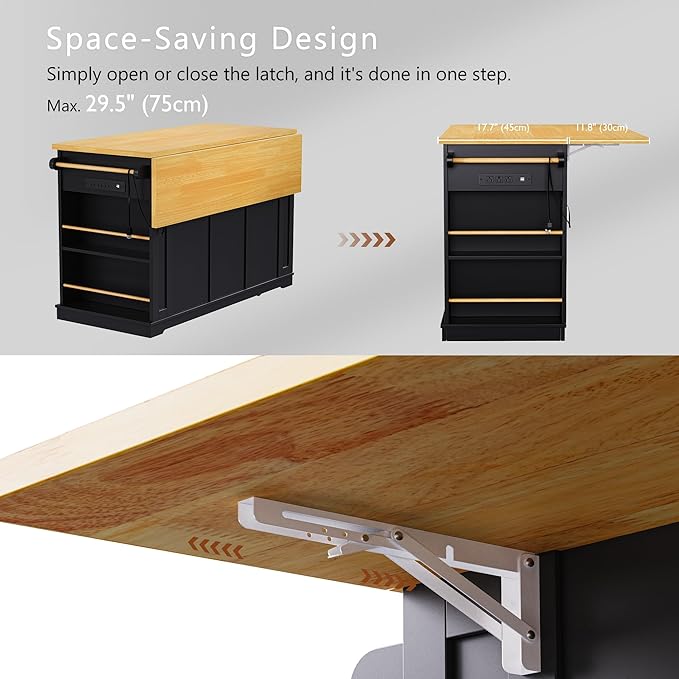 Large Kitchen Island Cart on 5 Wheels with 2 Bar Stools, Power Outlet, Drop Leaf, 3 Drawers, Kitchen Storage Cart with 5 Open Side Racks for Kitchen, Dining Room, Home Bar Black