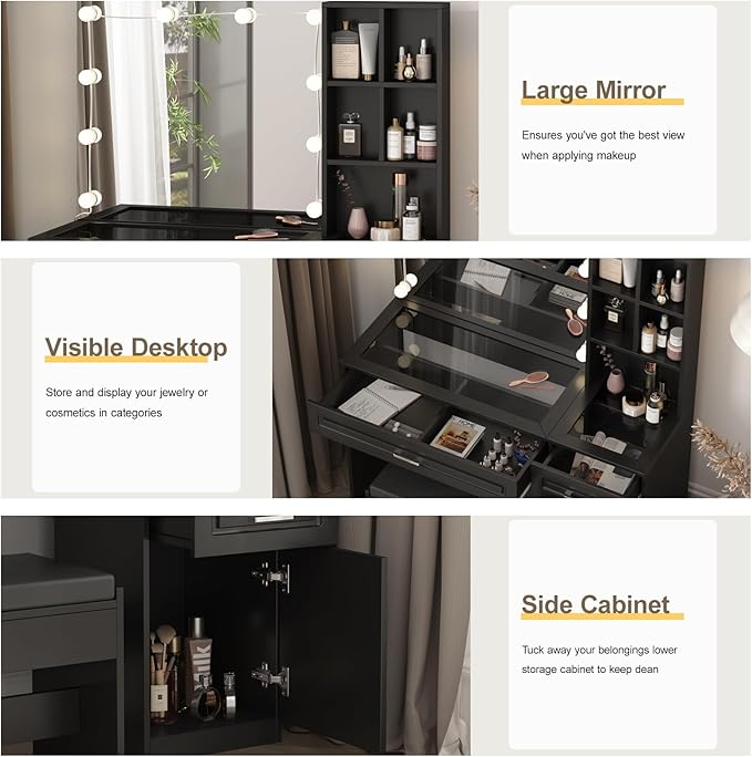 Vabches Vanity Desk with Lights and Mirror,Black Makeup Desk with 3 Drawers & Storage Cabinet & Shelves,Glass Top Vanity Table Set with 3 Lighting Modes Adjustable Brightness
