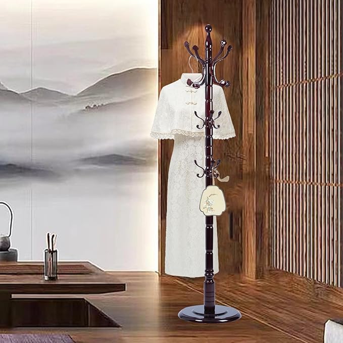 Coat Rack Freestanding, Wooden Tree Coat Rack Stand with 3 Adjustable Sizes Coat Tree and 14 Hooks, Sturdy Hall Tree with Solid Round Base for Entryway, Hallway,Bedroom (Rosewood Ruyi Hook)