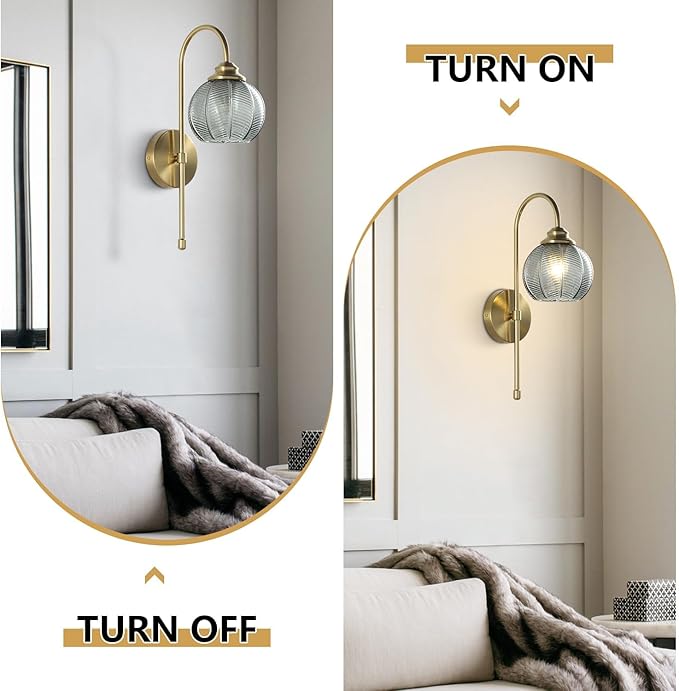 KCO Lighting Brushed Gold Wall Sconce Set of Two Vintage Smoked Glass Wall Lights Mid Century Bathroom Light Sconces Set of 2 Modern Globe Wall Sconce Long Arc Wall Light
