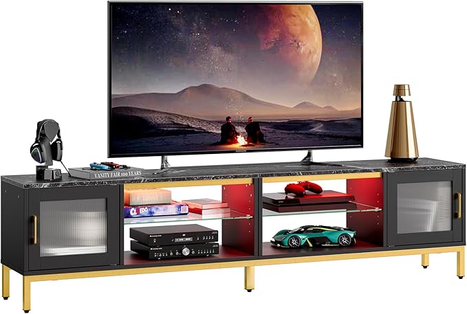 Bestier 80 Inch TV Stand for 75/85/86/90 inch TVs, 4 in 1 LED Entertainment Center with 2 Storage Cabinets, Modern TV Console with Adjustable Shelves for Living Room Bedroom, Black Marble