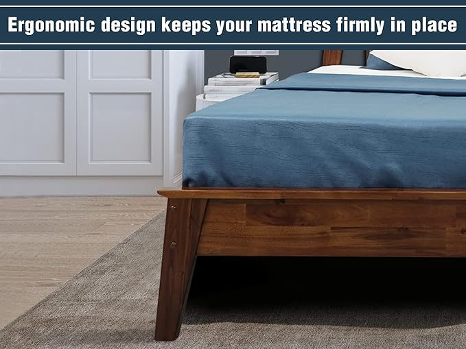 A ACACIA FURNITURE Kaylin Wooden Bed Frame with Headboard, Solid Wood Platform Bed with Wood Slat Support, No Box Spring Needed, Twin, Chocolate, 14 Inch, V1