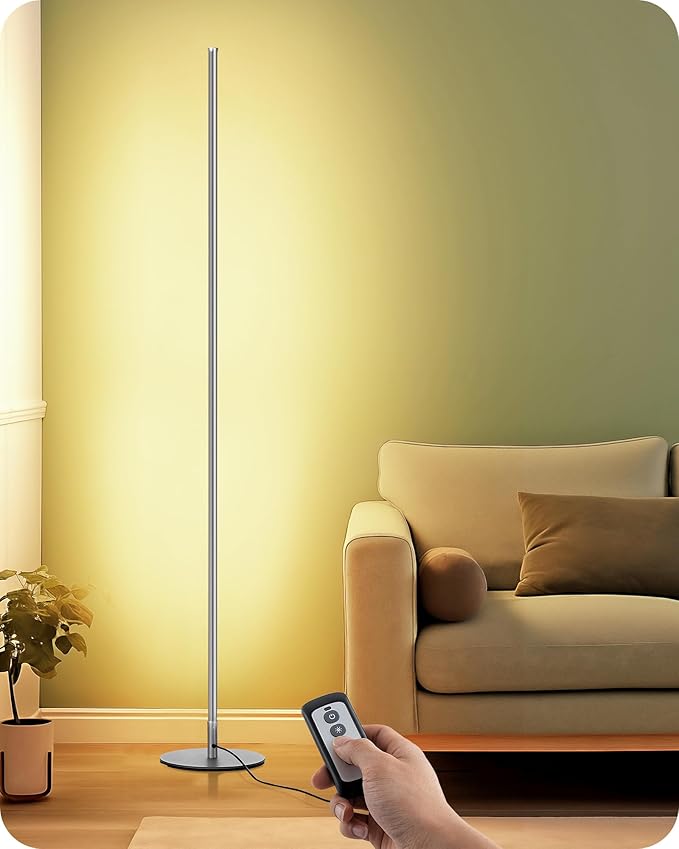 EDISHINE LED Floor Lamp with Remote, 57.5" Minimalist Dimmable Slim Corner Light, Tall Floor Lamps for Living Room, Bedroom, Office, 3000K Warm White Light (Silver)