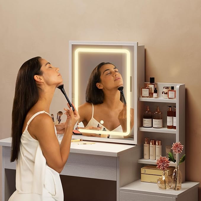 Vanity Desk with Mirror and Lights, Makeup Vanity with 3 Adjustable Lighting Modes, Small Vanity Desk with Sliding Mirror, 4 Drawers, 7 Shelves, Vanity Chair for Bedroom White