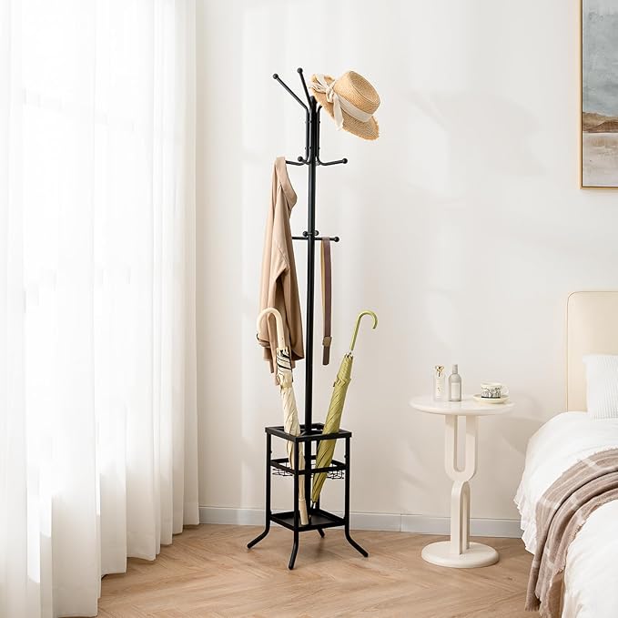Yoobure Coat Rack Freestanding - Coat Tree with Umbrella Holder, Metal Coat Rack Stand with 12 Hooks, Modern Coat Hanger Stand for Entryway, Purse Rack Hat Rack Stand for Living Room Bedroom Office