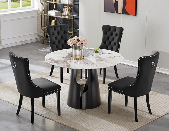 5-Piece Faux Marble Round Dining Table Set for 4, Modern Luxury Kitchen Table Set for 4 with Black Tufted Chairs,Circle Dining Tables with Pandora Grain Top and Black Pedestal Base