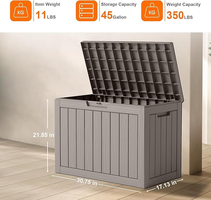 Vixzen 45 Gallon Resin Deck Box, Lockable Outdoor Storage Box for Patio Cushions Storage Furniture,Garden Tools, Pool Supplies, Weatherproof and UV Resistant