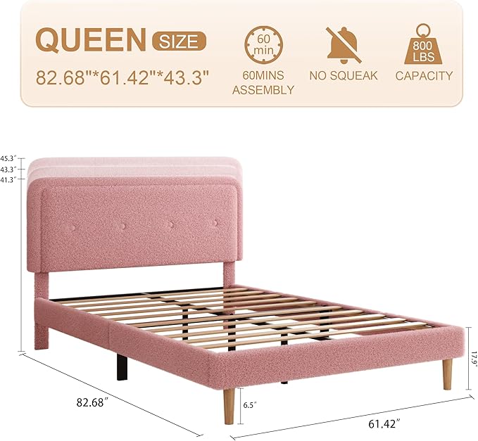 Queen Size Boucle Platform Bed Frame, Anti-Collision Soft Rounded Corners, Adjustable Headboard, No Box Spring Needed, Easy Assembly, Noise Free, Pink