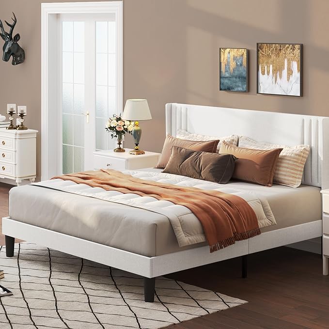 Gizoon Queen Bed Frame with Wingback Headboard, Upholstered Platform Bed with Modern Geometric Headboard, Wooden Slats, Noise-Free, No Box Spring Needed