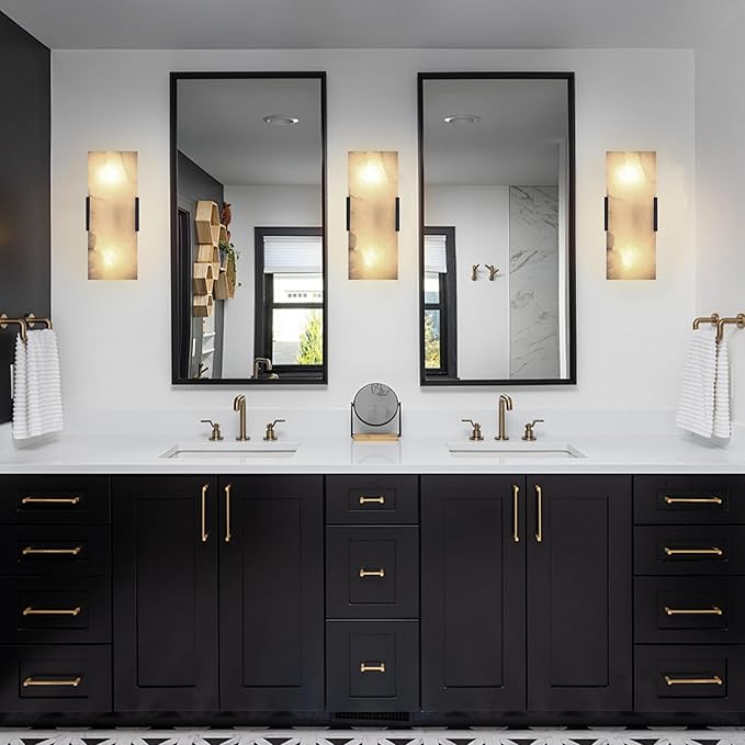 Doraimi Lighting 2 Light 12" Natural Square Alabaster Marble Bathroom Wall Sconce Modern Concise Style Wall Light Fixture,Dark Gray Finish for Bedroom Hallway Bedside Living Room