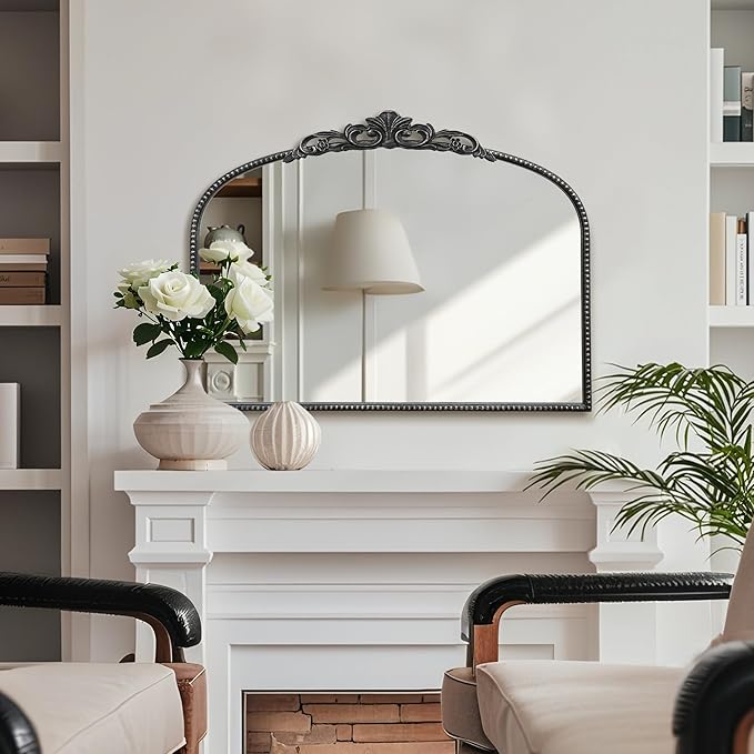 Micasso Black Vintage Wall Mirror: 24"x 32" French Baroque Antique Arched Wall Mounted Mirror - Traditional Ornate Decorative Entryway Mirror for Home Decor/Entryway/Fireplace/Living Room/Hallway