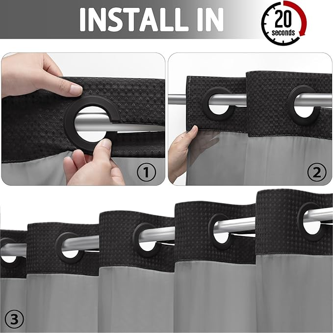 YellyHommy No Hook Shower Curtain with Snap in Fabric Liner Set Less Time Black Waffle Shower Curtain for Bathroom 75" L x 48" W