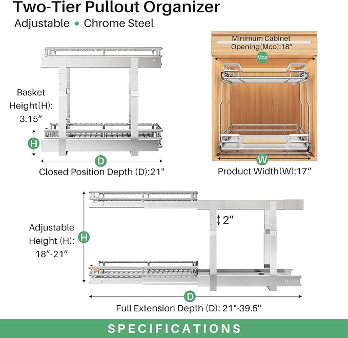Kitstorack Pull out Cabinet Organizer, 2 Tier Heavy Duty Smooth Sliding Under Cabinet Shelves for Pots and Pans,Roll out Drawers with Thickened Chrome Plating(17" W X 21" D)