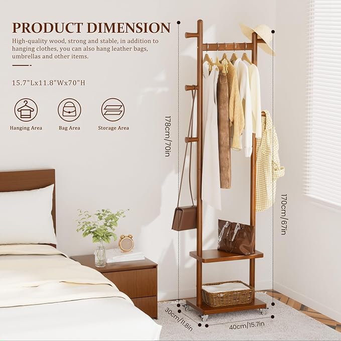 Solid Wood Coat Rack Freestanding Clothing Rack with Wheels & 2 Shelves Storage & 5 Hooks Heavy Duty Clothes Rack Wood Coat Tree Stand Hat Hanger Rack for Corner Bedroom Entryway Living Room Hotel