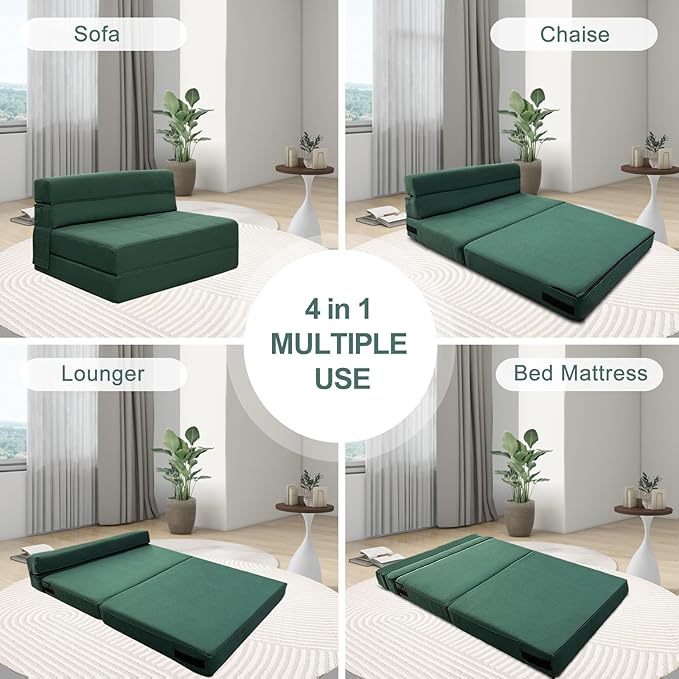 ANONER Fold Out Couch Bed Memory Foam Sleeper Chair with 2 Pillows, Queen Size Futon Couch Guest Convertible Chair Bed, Washable Cover, Dark Green