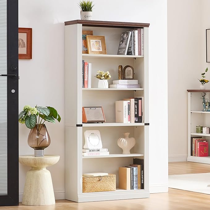 70" White Tall Bookshelf Set of 2,5-Tier Thick Wooden Book Shelf with Adjustable Shelves,Free Standing Farmhouse Bookcase with Open Display Storage,Floor Vintage Bookshelves for Living Room