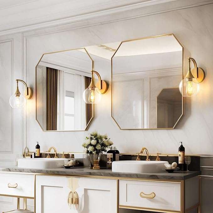 Gold Wall Sconce,1-Light Bathroom Vanity Lights Modern Wall Light Fixture with 4.9 Inches Clear Glass Shade, Wall Lamps for Bedroom Living Room Kitchen Stairway,E26