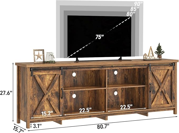 Farmhouse TV Stand for 90 Inch TV with Sliding Barn Door, Rustic Wood Entertainment Center Large Media Console Cabinet Long Television Stands,Console Table and Media Furniture for Living Room(Brown)