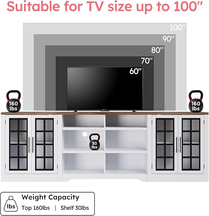 Farmhouse TV Stand for TVs up to 100", Modern Entertainment Center with 2 Cabinets and 3-Tier Open Shelves, Rustic TV Console for Living Room, Bedroom, White
