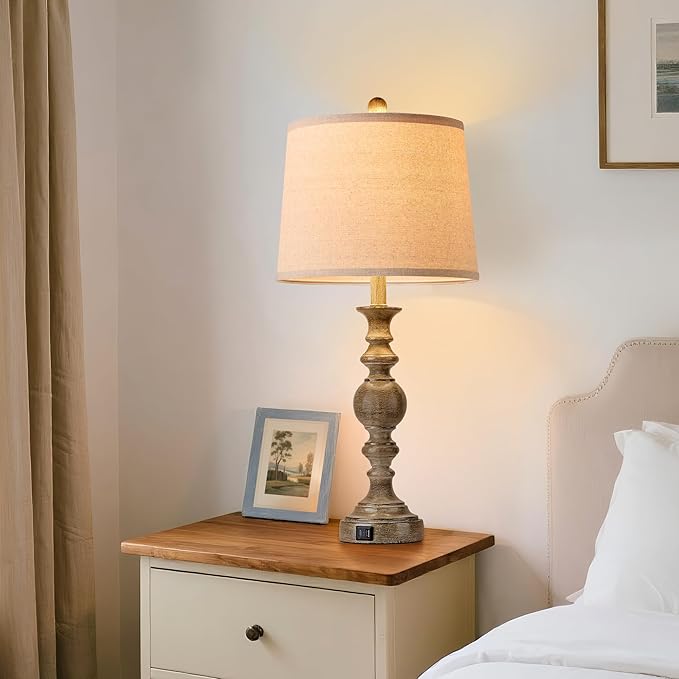Farmhouse Table Lamps for Living Room Set of 2, Rustic Table Lamp with USB Ports, 28" Tall Table Lamps for Bedroom Nightstand, Bulb Not Included