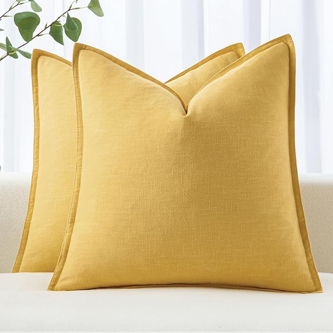 MIULEE Decorative Linen Euro Sham Pillow Covers 24x24 Yellow Boho Farmhouse Neutral Couch Throw Pillows for Bed Pack of 2 Accent Modern Pillowcase Summer Sofa Livingroom Home Decor