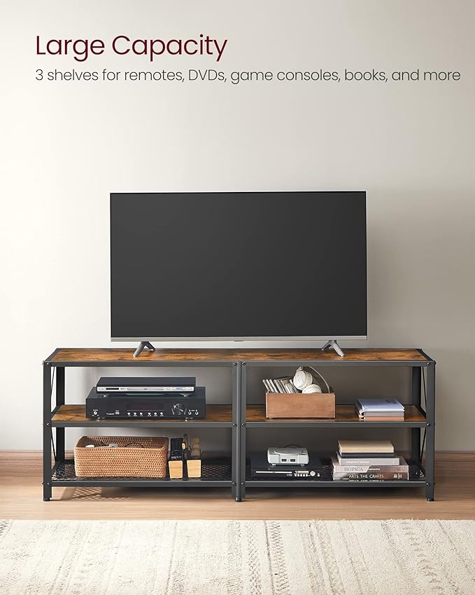VASAGLE TV Stand, TV Console for TVs Up to 65 Inches, TV Table, 55.1 Inches Width, TV Cabinet with Storage Shelves, Steel Frame, for Living Room, Bedroom, Rustic Brown and Black ULTV094B01