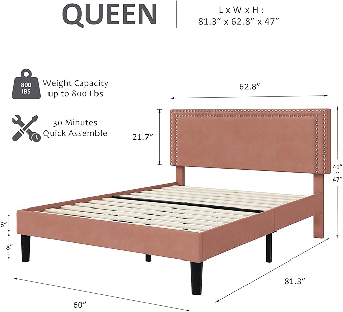 VECELO Queen Size Bed Frame with Adjustable Upholstered Headboard, Wooden Slats Platform, Noise-Free Design, Easy Assembly