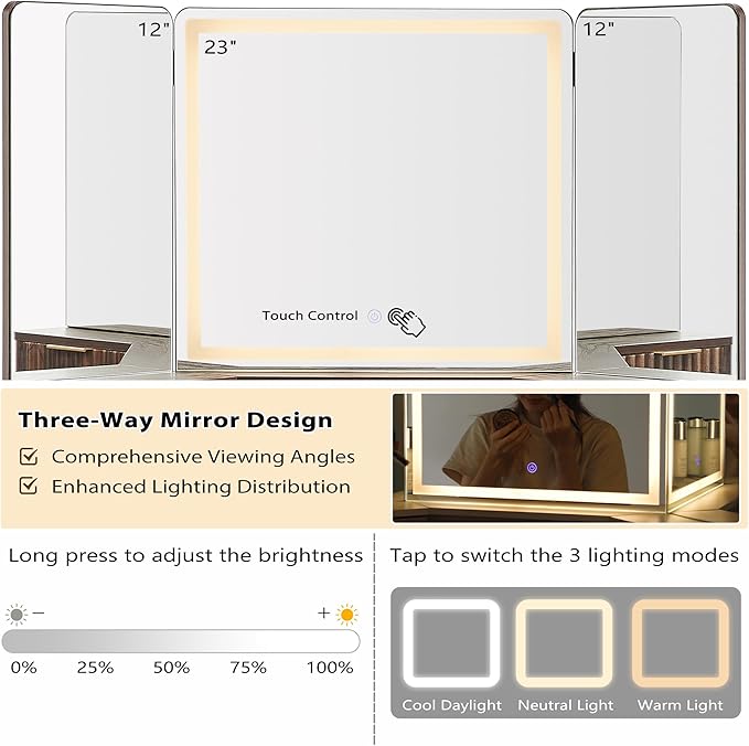 T4TREAM Fluted Makeup Vanity Desk with 3 Way Mirror and Lights, 48" Large Corner Vanity Table with Glass Top, Charging Station, 3 Drawers, Storage Cabinets & Shelves, for Bedroom, Dark Walnut