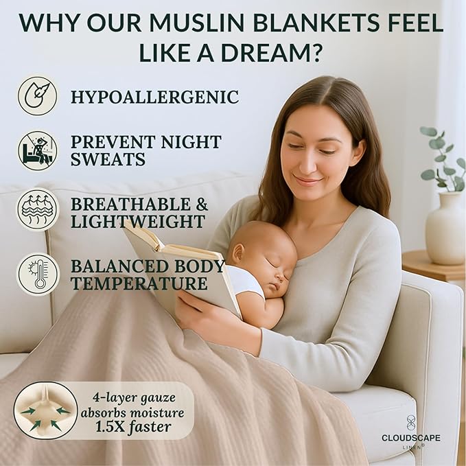 Extra Large 4 Layer Muslin Throw Blanket, 100% Cotton Blanket for Couch, Bed,Sofa, Home Decor,Pre-Washed Gauze, Best Summer Blanket, 50x70, Beige Fog