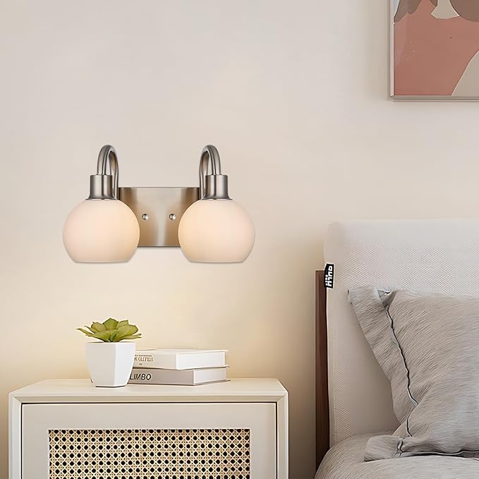 12.2 Inch Wall Sconce Lighting in Brushed Nickel, 2-Light Bathroom Light Fixtures Over Mirror for Bedroom Living Room Hallway, Modern Vanity Lights with Milk White Globe Glass Shade