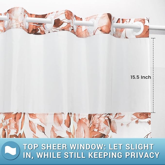 No Hook Shower Curtain with Snap in Liner - Eucalyptus Shower Curtain - Washable Waterproof Inner Liner, Plants Blush Leaves Modern Shower Curtains - Machine Washable, 71 x 74