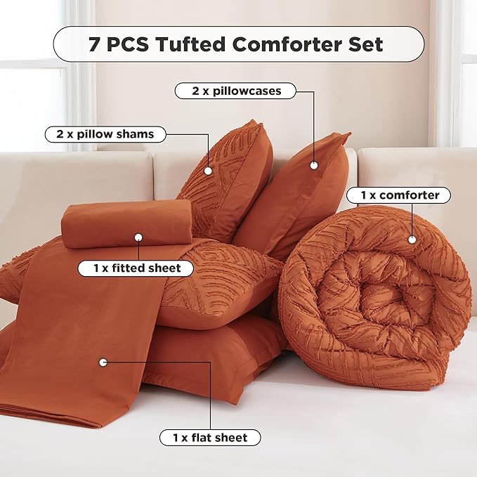 Andency King Size Comforter Set Burnt Orange - 7 Pieces Bed in a Bag King Boho Terracotta Bedding Comforter Sets, Rust Tufted Bed Set with Comforter, Sheets, Pillowcases & Shams