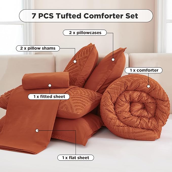 Andency Super King Comforter Set Burnt Orange - 7 Piece Oversized King Bed in a Bag Boho Terracotta Tufted Bedding Sets, Rust Bed Set with Comforter, Sheets, Pillowcases & Shams