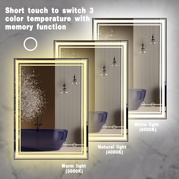 30" x 22" LED Bathroom Mirror with Lights Framed LED Mirror for Bathroom Backlit and Front Lighted Bathroom Mirror Black Square Aluminum Frame Anti-Fog Dimmable Adjustable Shatter-Proof