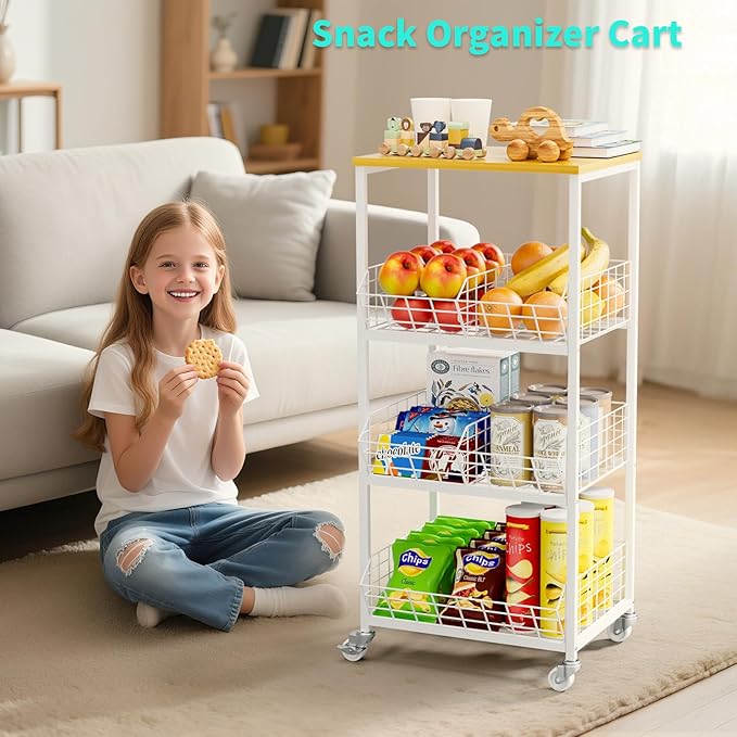 HapiRm Kitchen Fruit Vegetable Cart - 4 Tier Rolling Storage Rack with Wheels and Dividers, Coffee Station Cart Rack Shelf Organizer for Onion, Potato, Snack, Fruit, Vegetable Storage Stand, White
