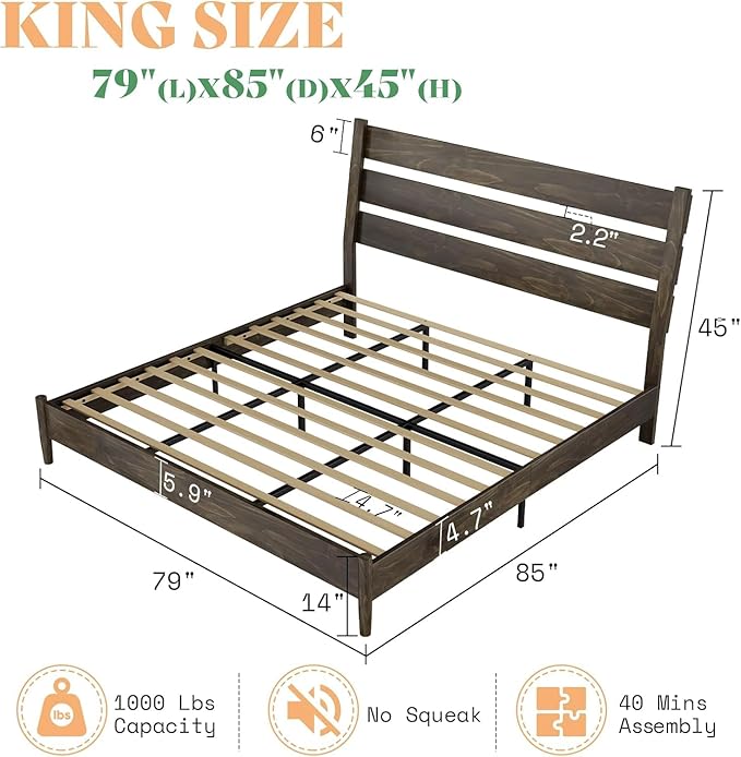 AMERLIFE King Size Mid Century Solid Wood Bed Frame, Platform Beds with Reclining Slatted Headboard, Wood Slat Support/No Box Spring Needed/Noise Free, Dark Brown