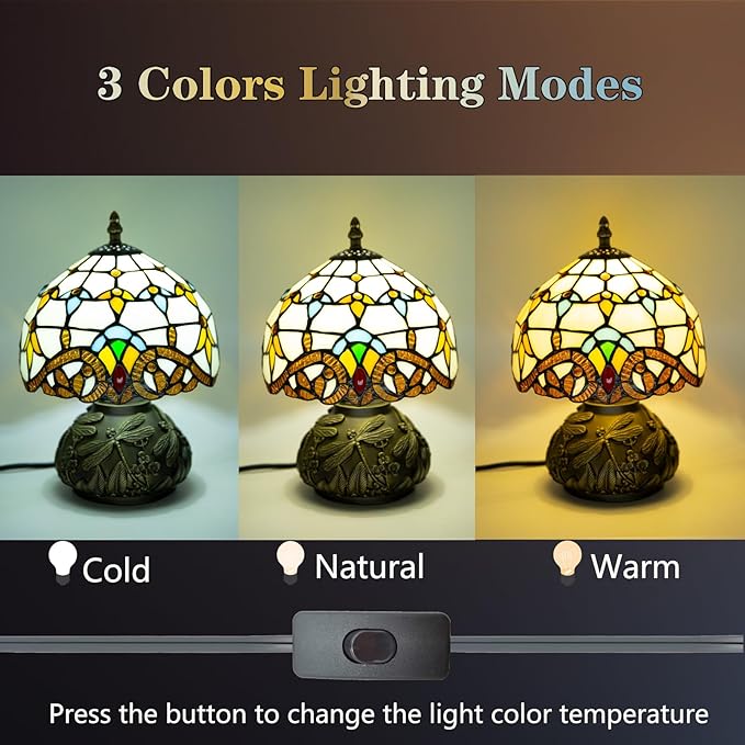 Small Tiffany Stained Glass Lamp, 3 Color Temperatures Bedside Lamp, 8 Inch Mushroom Desk Light for Bedroom Living Room Office Home Decor (Beige Baroque)