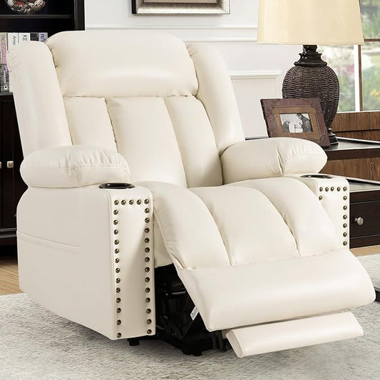 Large Power Lift Chair Recliner for Elderly with Heated and Massage, Overstuffed Adjustable Lift Chair, 3 Position, Breathable Leather, USB-A&USB-C, Cup Holder (Tall Man-7523, Beige)