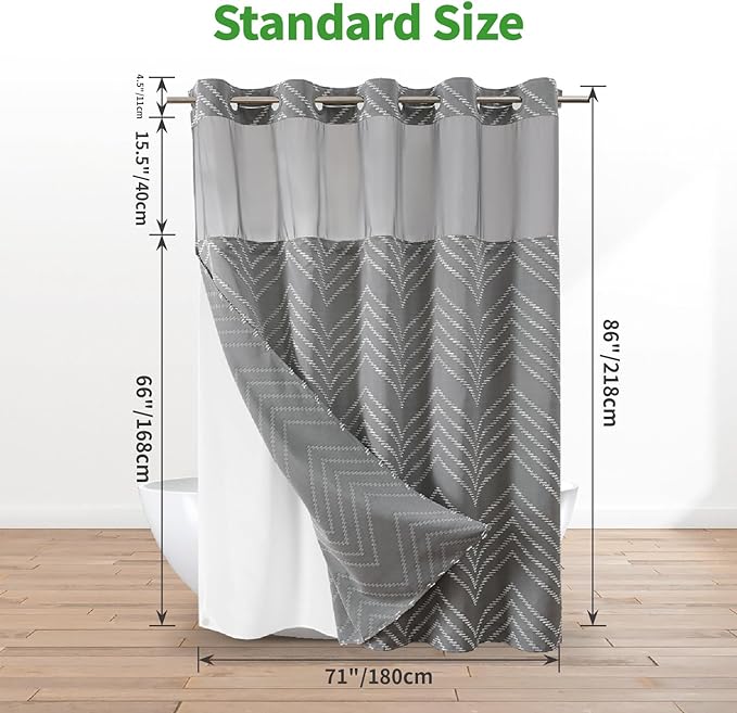 Extra Long Grey No Hook Shower Curtain with Snap-in Liner Set,Boho White Woven Fabric Tufted Chevron Striped Design,Modern Chic Minimalist Bathroom Curtain,71x86