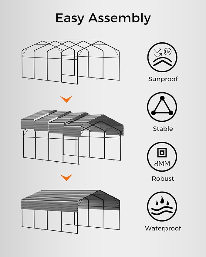 10x15FT Heavy Duty Metal Carport with Galvanized Steel Roof - All-Weather Car Shelter for Cars, Trucks, Boats, Reinforced Frame, Enhanced Base, Metal Car Port Garage