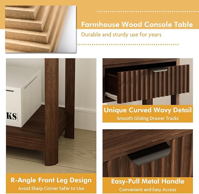 RUSTOWN Fluted Wood Console Table with 3 Drawers, Boho Narrow Behind Couch Entryway Table with Open Storage Shelf, Modern Sofa Table for Living Room, Foyer and Hallway (Dark Walnut)