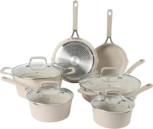 Martha Stewart Heathland Premium Nonstick PFA Free Ceramic Interior 10-Piece Tapered Aluminum Cookware Set - Taupe