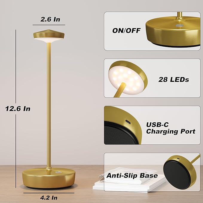 Cordless Table Lamp Rechargeable - LED Battery Table Light with 3 Color Temperatures, Stepless Dimming, Waterproof Aluminum for Indoor Outdoor, Patio, Restaurant, Dinner (Brushed Gold)