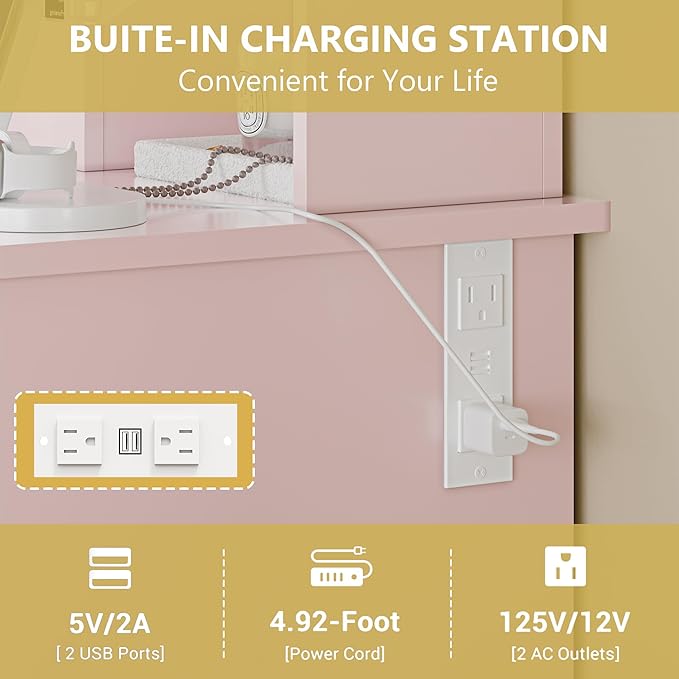 Vanity Desk with Mirror and Lights, 43'' Pink Makeup Dressing Table Set with 5 Drawers & Chair, Power Outlet, 3 Lighting Modes Adjustable Brightness & RGB LED for Women Girls Bedroom Bathroom